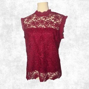 Nanette Lepore Burgundy Lace Blouse Women’s Size L – Sheer High Neck Goth Glam T